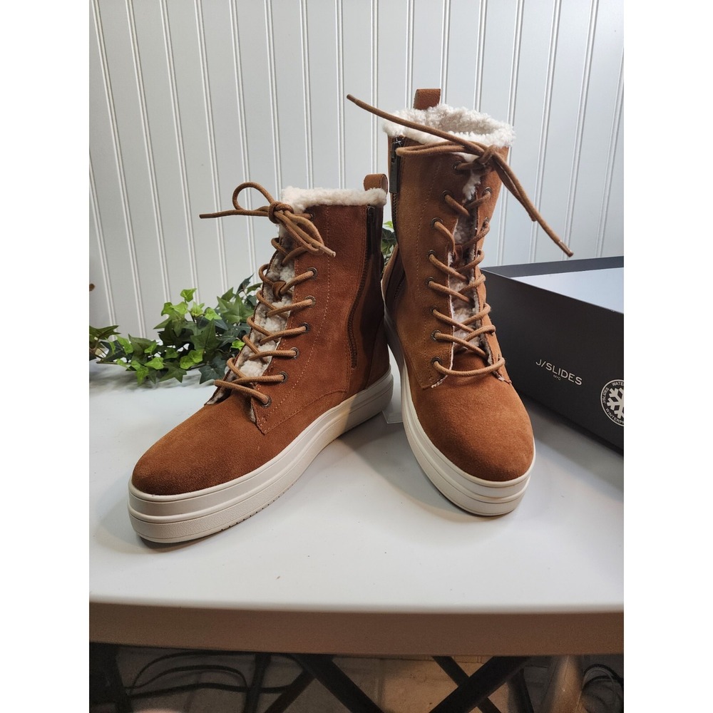 J/SLIDES NYC "TORRIE" BROWN LEATHER WATER RESISTANT COGNAC SUEDE BOOTS SZ 10 New
